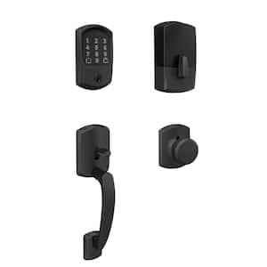 Greenwich Matte Black Encode Smart Wi-Fi Deadbolt with Alarm and Entry Door Handle with Bowery Knob and Greenwich Trim