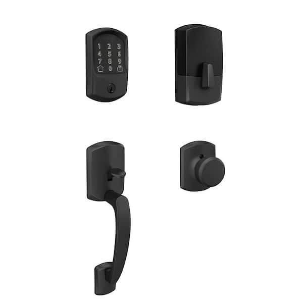Schlage Greenwich Matte Black Encode Smart Wi-Fi Deadbolt with Alarm and Entry Door Handle with Bowery Knob and Greenwich Trim