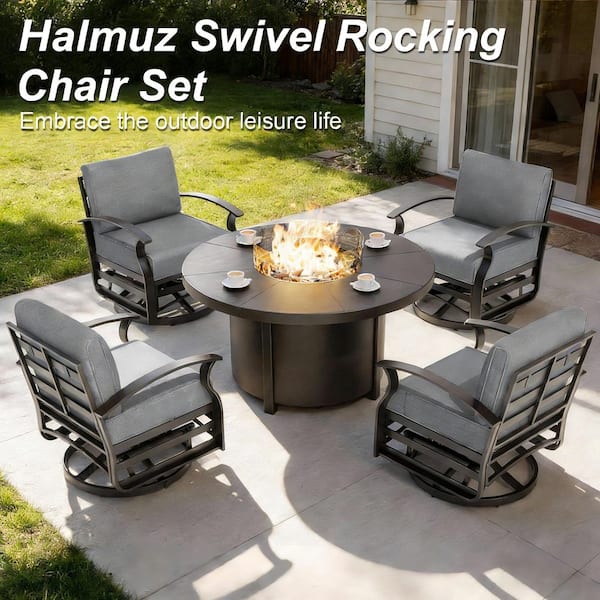 7-Piece Outdoor Aluminum Swivel Rocking Chairs Patio Converstion Set with 40,000BTU Round Fire Pit Table, Gray Cushions