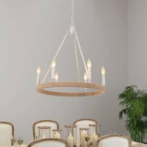 6-Light Rustic Antique Distressed Beige Hemp Rope Wagon Wheel Chandelier for Dining Room Living Room Foyer Entryway