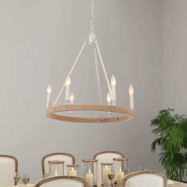LWYTJO 6-Light Rustic Antique Distressed Beige Hemp Rope Wagon Wheel Chandelier for Dining Room Living Room Foyer Entryway