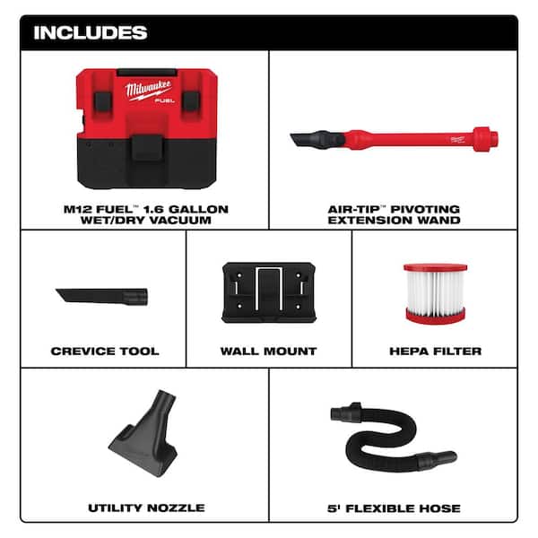 M12 FUEL 12-Volt Lithium-Ion Cordless 1.6 Gal. Wet/Dry Vacuum w/AIR-TIP 1-1/4 in. - 2-1/2 in. Pivoting Extension Wand