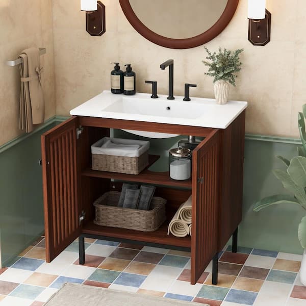 30 in. Single Sink Freestanding Dark Brown Bath Vanity with White Ceramic Top and Fence-Design Door Cabinet Unassembled