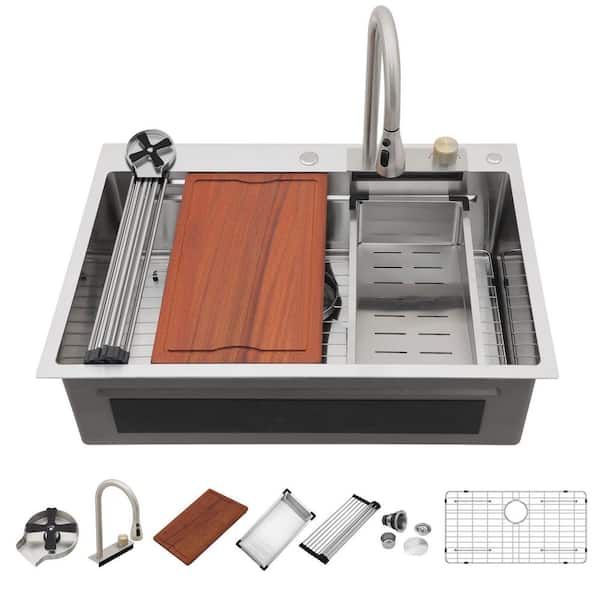 33 in. Drop-In Workstation Single Bowl Kitchen Sink with Faucet 16-Gauge 304 Stainless Steel Topmount Waterfall Sink Set