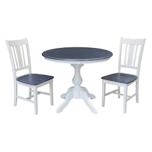 Set of 3-pcs - White/Heather Gray 36 in. Solid Wood Pedestal Table and 2 Side Chairs