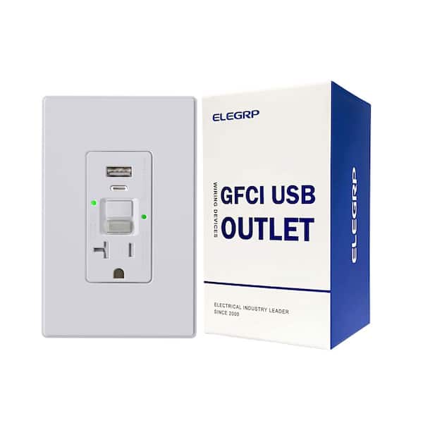 20 Amp Self-Test GFCI Outlet with Night Light, 24-Watt In-Wall USB Charger Combo Receptacle, Type A Type C, White 1-Pack