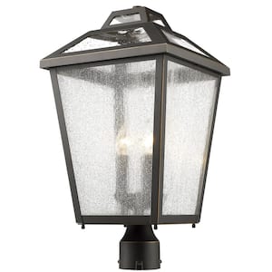 Bayland 20.5 in 3-Light Oil Bronze Aluminum Outdoor Hardwired Post Mount Light with Seedy Glass with No Bulbs Included
