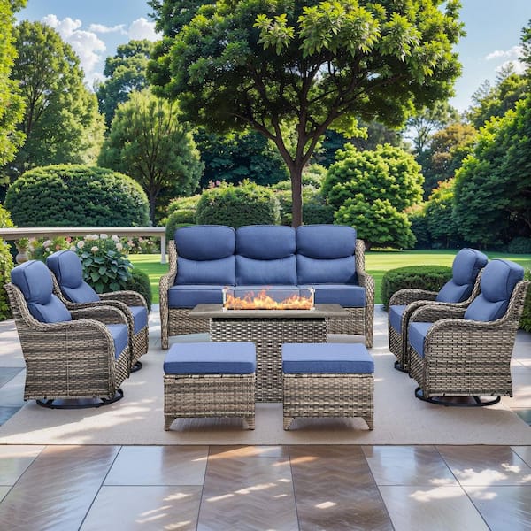 NovaSwivel 8-Piece Gray Wicker Patio Conversation Set Outdoor Fire Pit with 6 in. Blue Cushions and Swivel Gliders