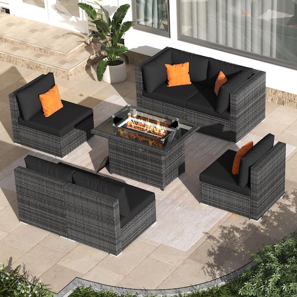 FINCATI High-end 7-Piece Charcoal Wicker Patio Fire Pit Conversation Sectional Deep Seating Sofa Set with Black Cushions