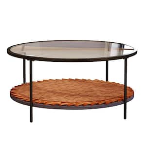 Black Round Metal Outdoor Coffee Table Share with Pets Multi-function Tempered Glass Tabletop Tea Table