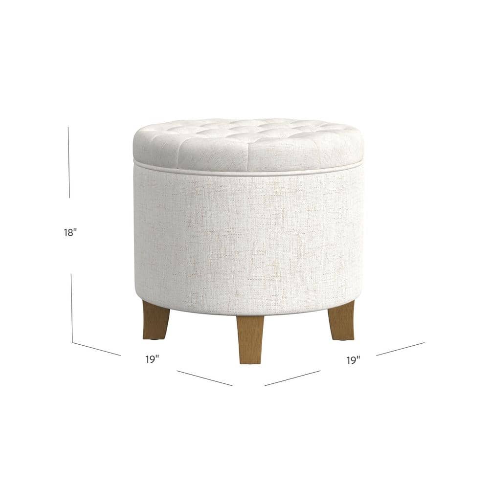 Cream Tufted Round Storage Ottoman with Wooden Legs