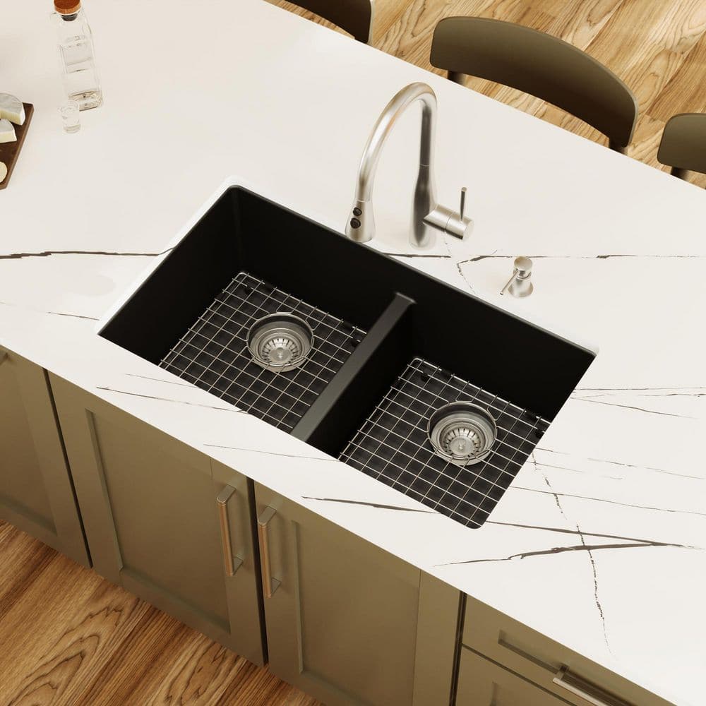 QU-810 Quartz/Granite 32 in. Double Bowl 50/50 Undermount Kitchen Sink in Black with Bottom Grid and Strainer price history on PriceWatchPro