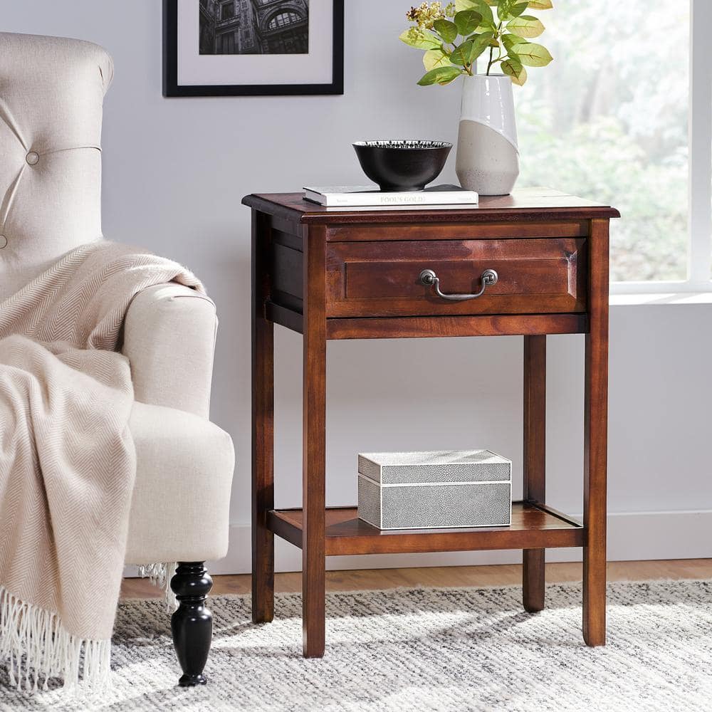 Brown Mahogany Rectangular Wood End Table with Storage