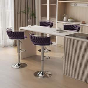 38.5 in. Modern Silver Metal Frame Low Back Swivel Adjustable Height Bar Stool with Purple Velvet Seat (set of 4)