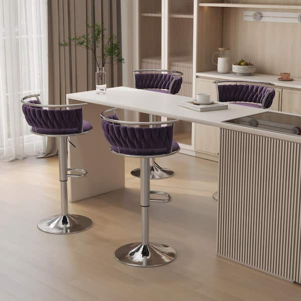 Uixe 38.5 in. Modern Silver Metal Frame Low Back Swivel Adjustable Height Bar Stool with Purple Velvet Seat (set of 4)