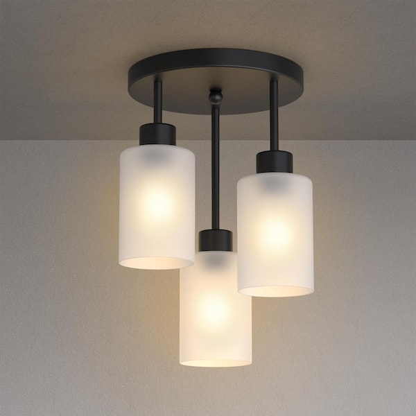 Vintage 3-Light Industrial Semi Flush Mount,Black Cluster Ceiling with White Glass Shades for Kitchen Island,Dining Room