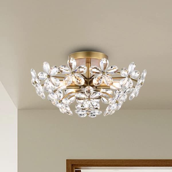 Jojospring Teresa 17.7 in. 6-Light Brushed Brass Finish Crystal Glass Flower Flush Mount