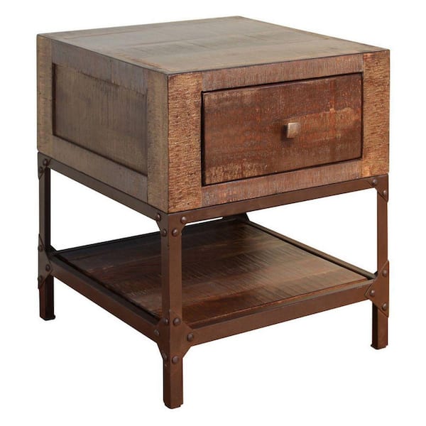 Benjara 19.75 in. Brown and Gold Tone Square Wood End Table with 1-Drawer