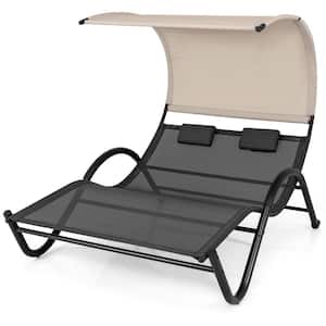 Metal Double Outdoor Chaise Lounge with Sunshade Canopy and Headrest Pillows