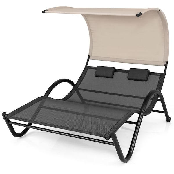 ANGELES HOME Metal Double Outdoor Chaise Lounge with Sunshade Canopy and Headrest Pillows