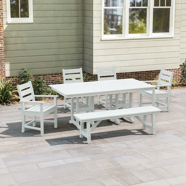 POLYWOOD Grant Park 6-Piece Farmhouse Plastic Outdoor Dining Set with Bench in White