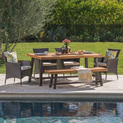 Annalise 6-Piece Wood and Plastic Outdoor Dining Set with Beige Cushion