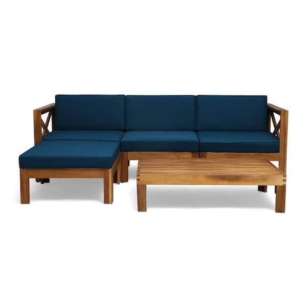 Anky 5-Piece Wood Patio Conversation Sectional Seating Set with Teak Cushions, with Ottoman and Coffee Table