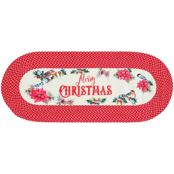 Braided Posters Ivory/Red 2 ft. x 5 ft.Machine Washable Merry Christmas Floral Oval Area Rug