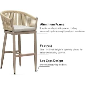 Modern Aluminum PE Rattan Bar Height Outdoor Bar Stool with Back and Beige Cushion (2-Pack)