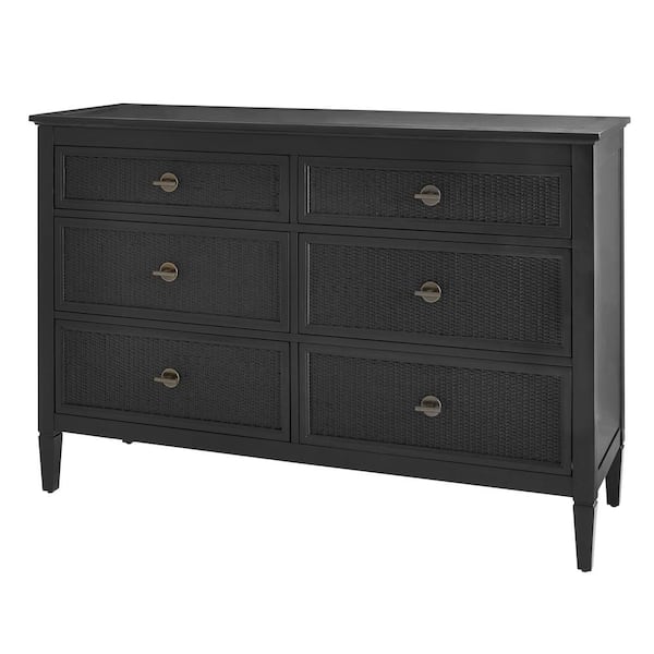 black dresser with cane webbing 59x15x26 in LuxenHome Black and Brown Wood 6-Drawer Rattan Dresser