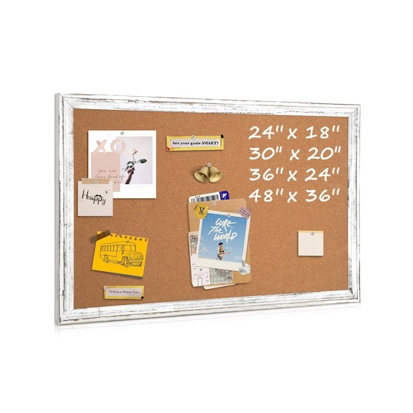 Unbranded 36 x 24 in. Cork Bulletin Board with Rustic White Wooden Frame Pin Board for Wall Decor Includes 10 Push Pins