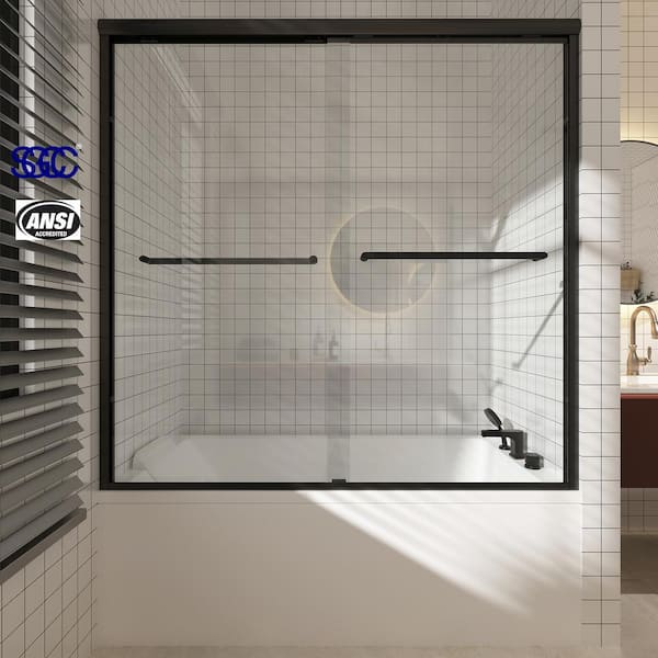 TOOLKISS 56 to 60 in. W x 58 in. H Sliding Framed Tub Door in Matte Black with Clear Glass
