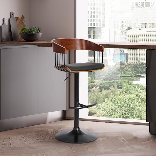 Armen Living Larisa Adjustable 33 in. Walnut, Black Metal, Wood Bar Stool with Black Faux Leather Seat