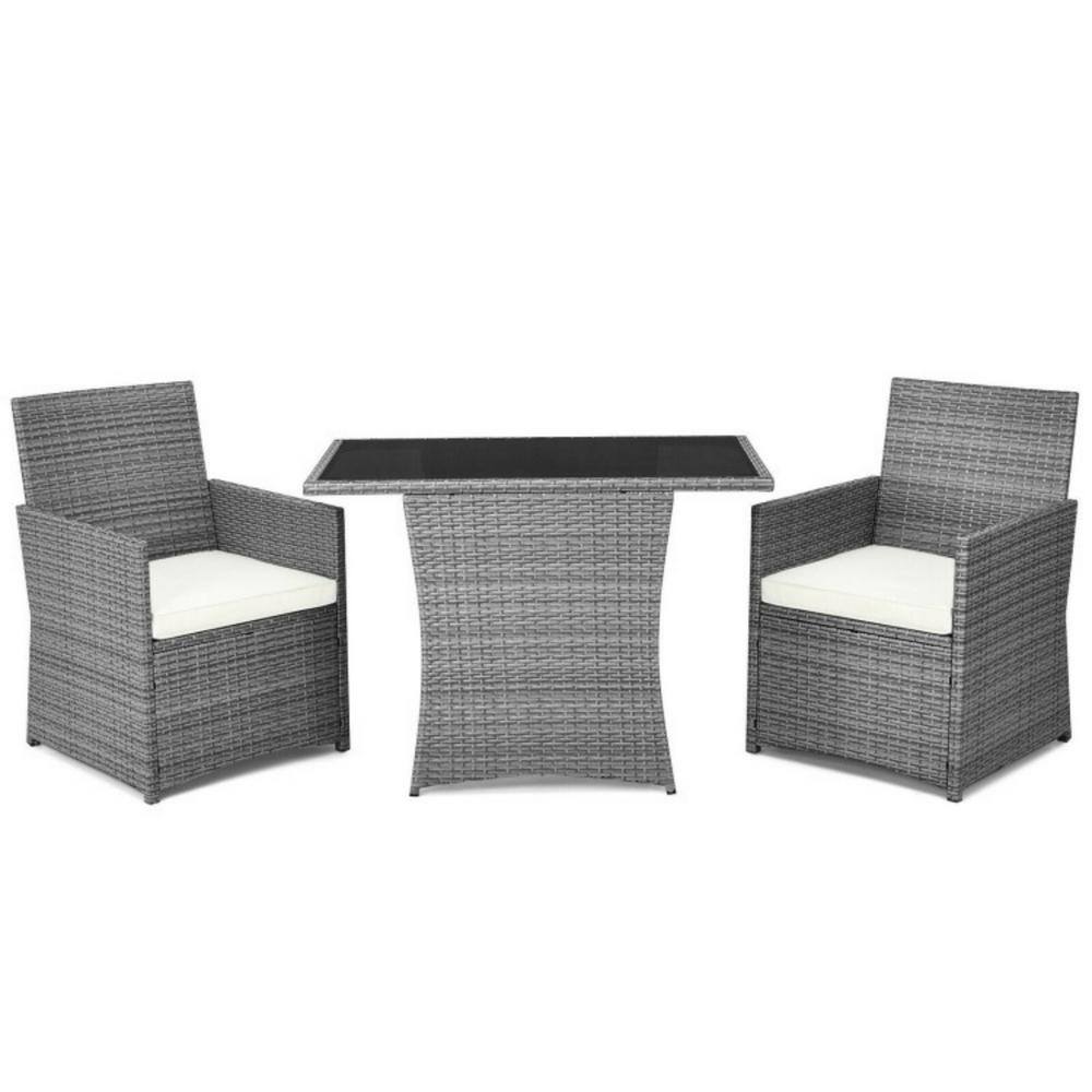 Gray Wicker 3-Piece Patio Set with White Cushions