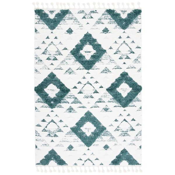 Moroccan Tassel Shag Green/Ivory 3 ft. x 5 ft.High-Low Geometric Fringe Area Rug
