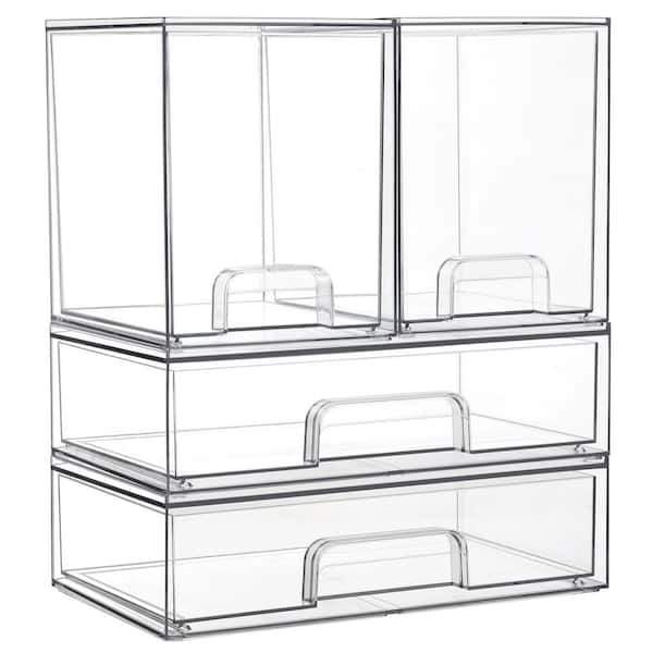 4-Pack Stackable Clear Plastic Over-the-Cabinet Vanity Organizer with Built-in Handle and Non-Slip, 2 High+2 Wide