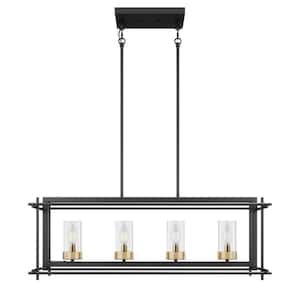 34.3 in. 4-Light Rectangle Black Farmhouse Chandelier Kitchen Island Hanging Ceiling Light with Glass Shade