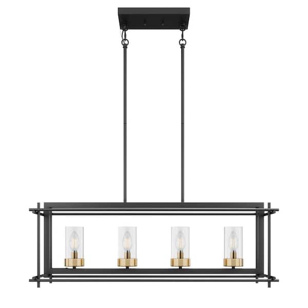aiwen 34.3 in. 4-Light Rectangle Black Farmhouse Chandelier Kitchen Island Hanging Ceiling Light with Glass Shade