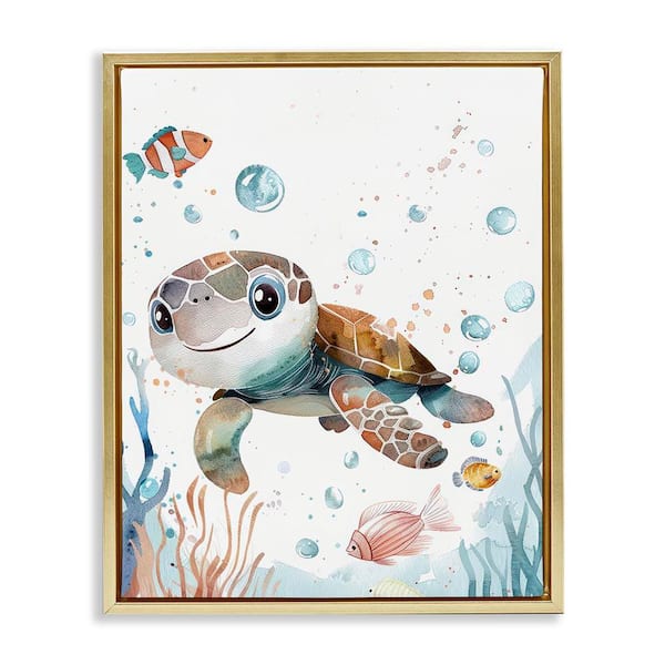 Stupell Industries Smiling Baby Turtle by Franklyn Gregory Gold Floater Frame Animal Graphic Art Print 31 in. x 25 in.