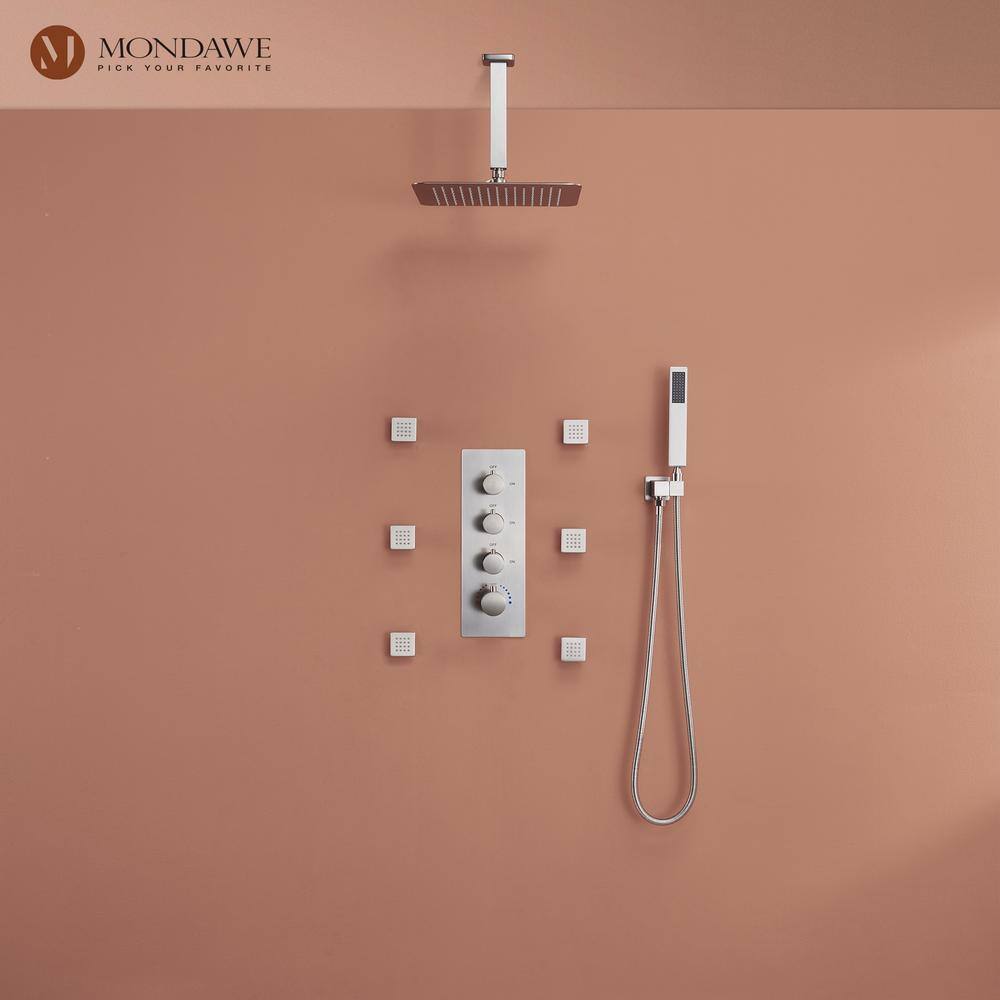 Brushed Nickel Ceiling Mounted Rain Shower System with Handheld and Body Jets