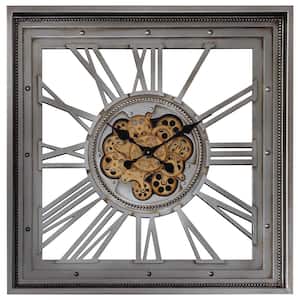 Golden Gears Antique Silver Square Wall Clock