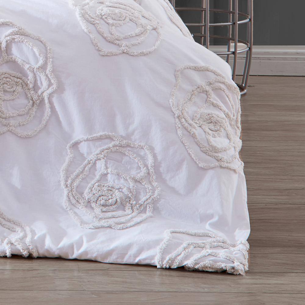 King White Cotton Duvet Cover Set with Textured Rose Accents