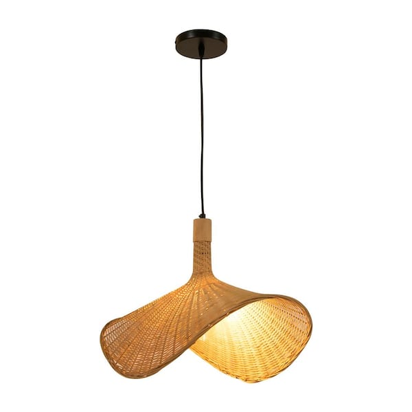 OUKANING 19.68 in. 60-Watt 1 Light Yellow Wood Color Creative Straw Hat Shape Pendant Light with Woven Shade, No Bulbs Included
