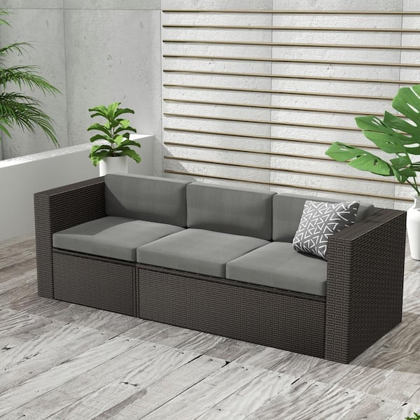 WESTIN OUTDOOR Kaison Brown PE Rattan Wicker Outdoor Couch with Gray Cushions