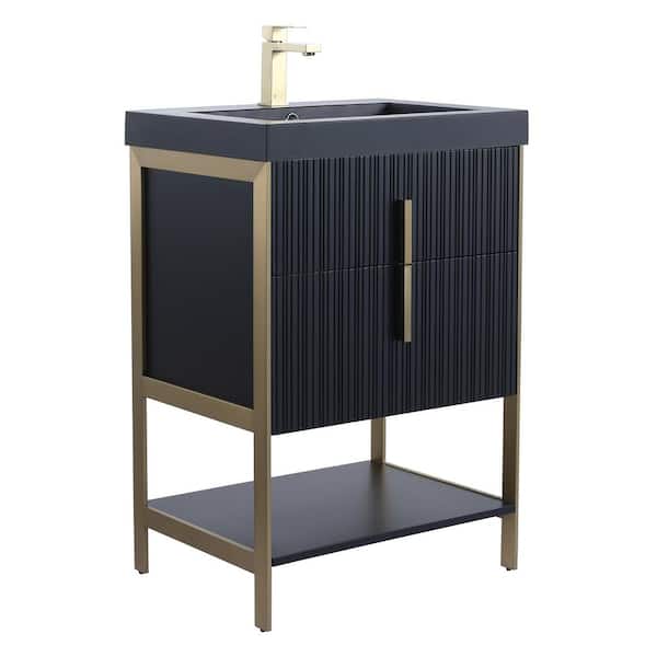 FINE FIXTURES 24 in. W x 18 in. D x 33.5 in. H Bath Vanity in Black with Gel Coated Ceramic Top in Black with Satin Brass Hardware