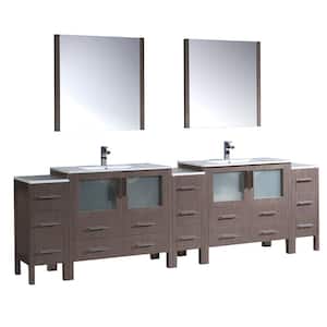 Torino 108 in. Double Vanity in Gray Oak with Ceramic Vanity Top in White with White Basins and Mirrors