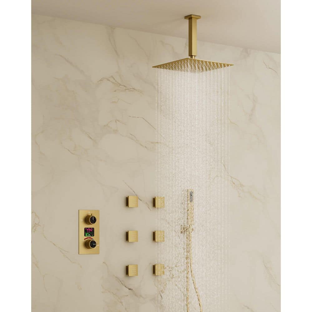 3-Spray 12 in. Ceiling Mount Dual Fixed and Handheld Shower Head and LCD Display with Valve in Brushed Gold price history on PriceWatchPro