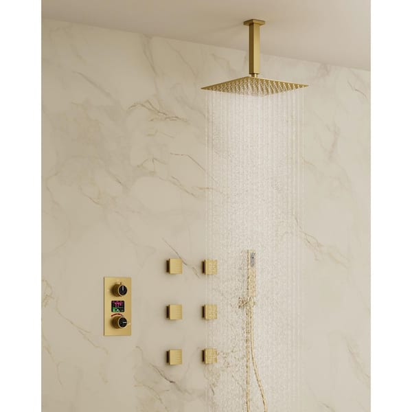 YAWWALK 3-Spray 12 in. Ceiling Mount Dual Fixed and Handheld Shower Head and LCD Display with Valve in Brushed Gold