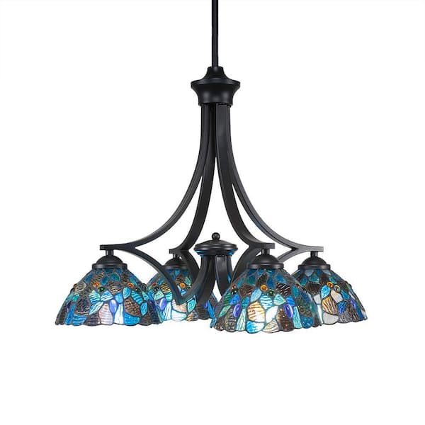 Unbranded Clevelend 4-Light Matte Black Chandelier, Round Chandelier with 7" Blue Mosaic Art Glass Glass Shades, No bulbs included