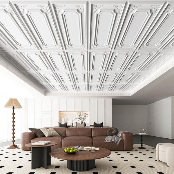 White 2 ft. x 4 ft. Textured PVC Drop In Ceiling Tile, Decorative Glue Up Ceiling for Basement Kitchen (96sq. ft. /case)